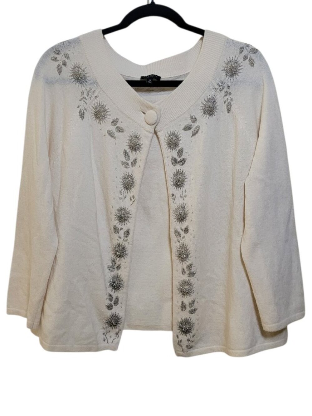 Talbots Cardigan Sweater Cream Ivory Beaded Floral Medium Lambswool Grandmacore
